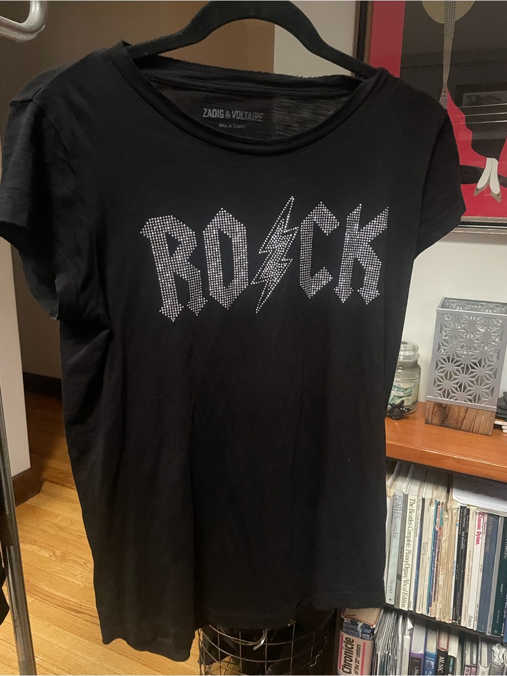 Zadig & Voltaire Black Crewneck Graphic Tee with Stud Detail